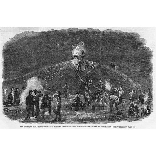 LONDON Deptford Rifle Corps Forming Earthworks - Antique Print 1860