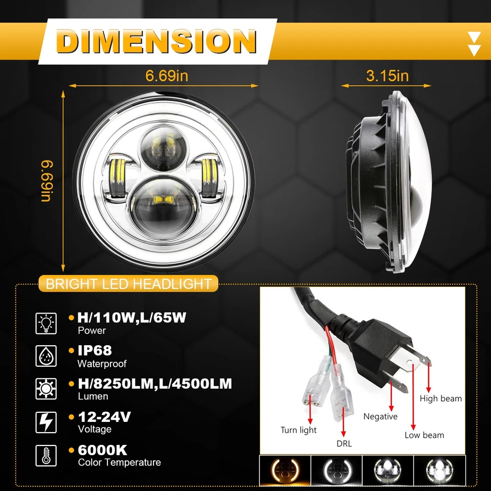 Farol de LED 7" redondo H4-H13 lâmpada Hi/Lo para Chevy C10 C20 C30 G10 G20 K10 - Imagem 4 de 4