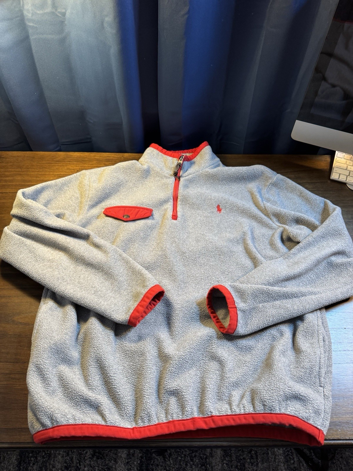 Polo Ralph Lauren giacca uomo grigio rosso pony 1 4 zip pile tasche grandi