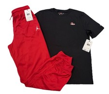 NWT NIKE AIR JORDAN BOY'S 2 pc SET BLACK SHORT SLEEVE RED ACTIVE PANTS L 12-13