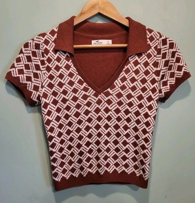 Hollister Brown Ivory Short Sleeve V Neck Collared Crop Sweater Sz S