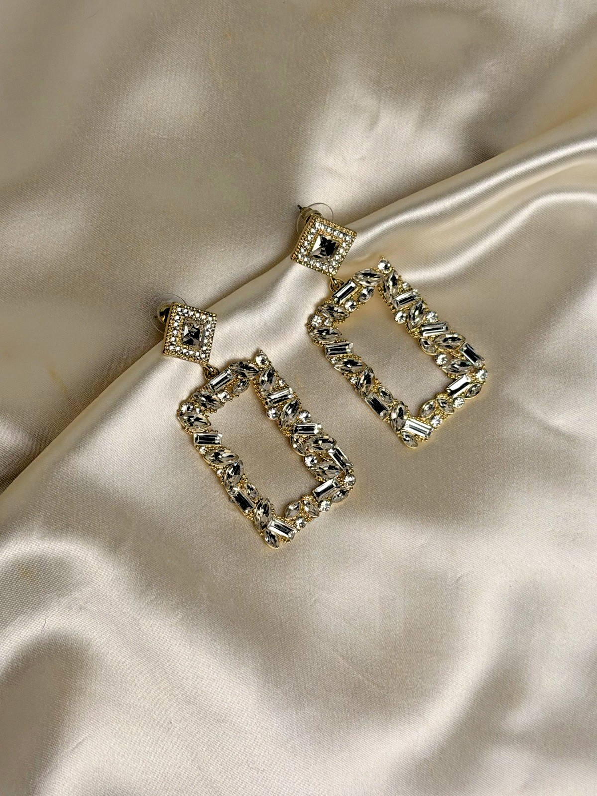 Gold Tone Rectangular Rhinestone Drop Earrings – … - image 8