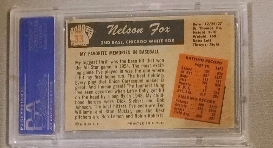 VINTAGE 1955 BOWMAN NELSON "NELLY"  FOX PSA 7 NEARMINT GRADED HOF CHICAGO SOX - Image 2 of 2