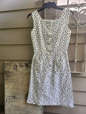 Vg 50s Dress White w/Black Polka Dot Fitted Waist Lrg Button Front W Pockets S/M