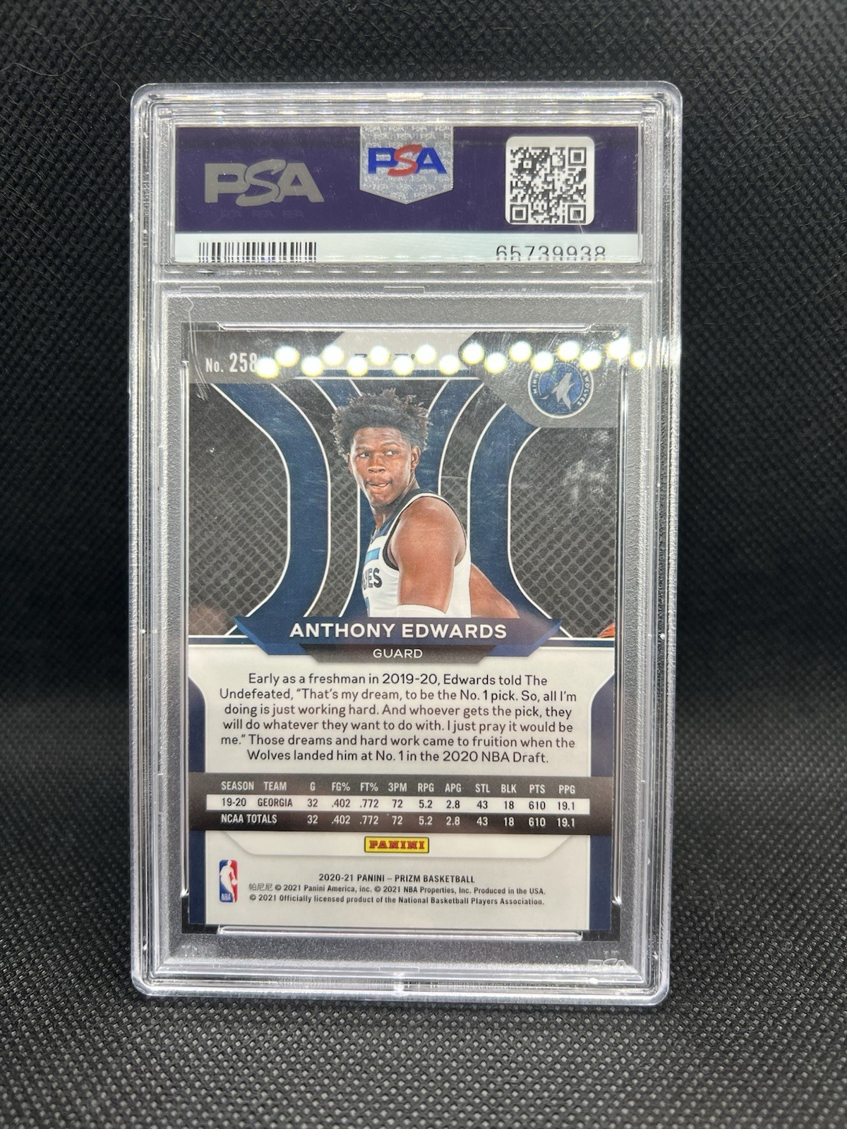 Panini 2020-21 Prizm Anthony Edwards RC Silver Prizm #258 Timberwolves PSA 9 view 2