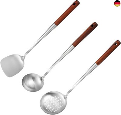 3 Stück Wok Spatel Set, Schaumlöffel aus Edelstahl, Hitzebeständiger Holzgriff W