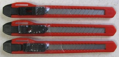 Lot of 3 Small Red Utility Knife Box Cutters Snap Off Blade 9MM Blade 