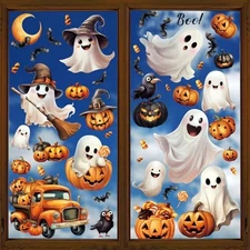 LOAVER 8 Sheets Halloween Ghost Window Cling Stickers,Spooky Ghost Pumpkin Bat 