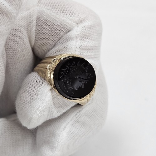 Antique 10k Yellow Gold Hematite Intaglio Ring Size 10.25 - Picture 6 of 11