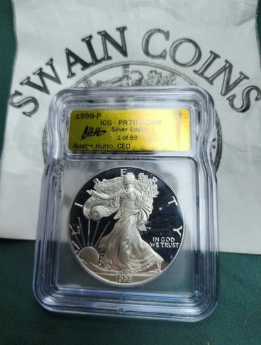 1999-P American Silver Eagle PR70 DCAM ICG Rare Gold Label EY111