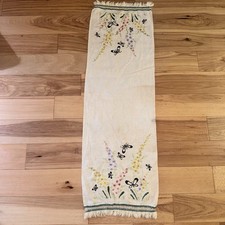 Vintage Hand Embroidered Linen Table Runner Butterflies Floral Fringe 15x47