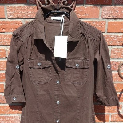 NEW size 36/S 3 SUISSES ladies shirt dress brown roll sleeves 100% cotton s. Measurements