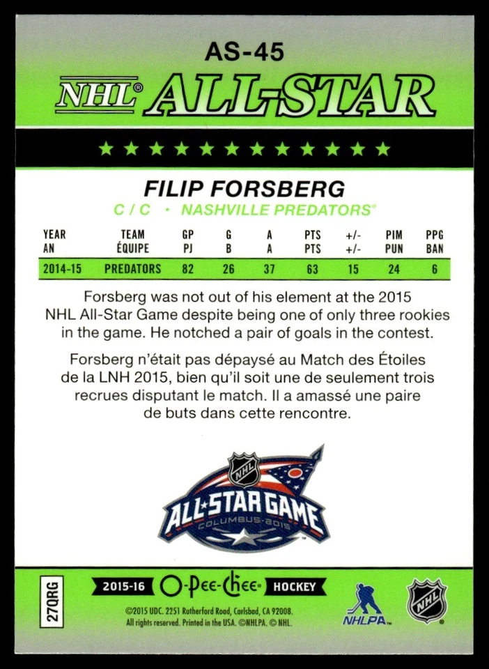 2015-16 O PEE CHEE NHL ALL STAR Filip Forsberg Nashville Predators #AS-45 - Image 2 of 2