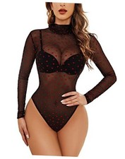 Long Sleeve Bodysuit for Women Turtleneck Sheer Mesh Bodysuit Small Red Heart
