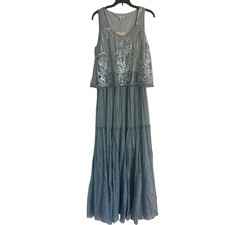 RYU Maxi Dress Womens M Gray Blue Embroidered Sequin Boho Tiered NWT