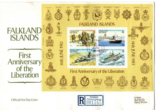 FALKLAND ISLANDS 1983 FIRST ANNIV. LIBERATION M/SHEET FIRST DAY COVER FOX BAY