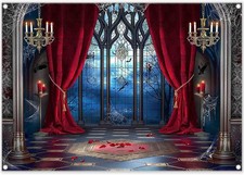 7x5ft Fabric Halloween Vampire Medieval Castle Backdrop Gothic Window Red Cur...
