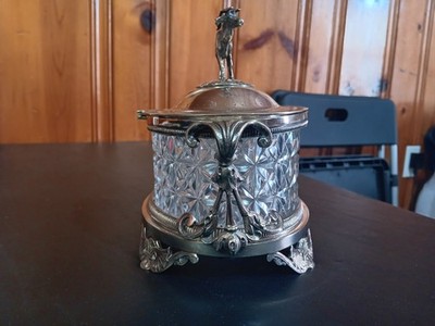 Victorian Silver Plated Crystal Biscuit Box Barrel w/Stag England