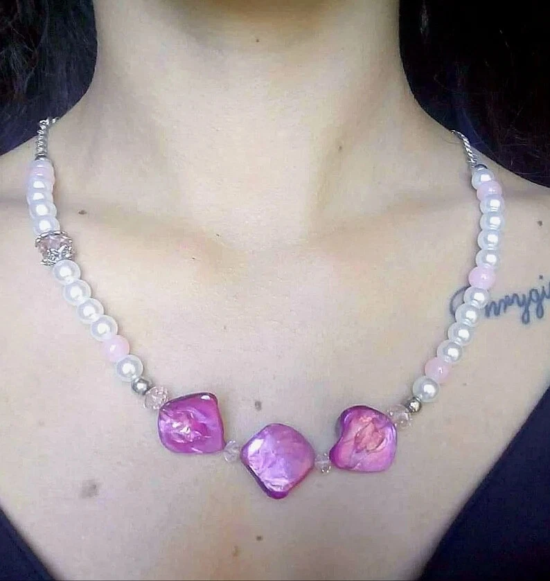 Collana di Perle Bianche, Giada Rosa, Madreperla e Argento 925 con Orecchini - Immagine 3 di 4