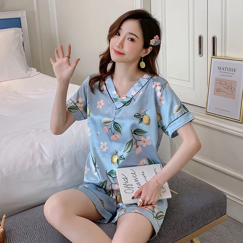 Damen Seide Satin Pyjama Set Kurzarm Nachtwäsche V-Ausschnitt Homewear 2-teilig Pyjama - Bild 25 von 60