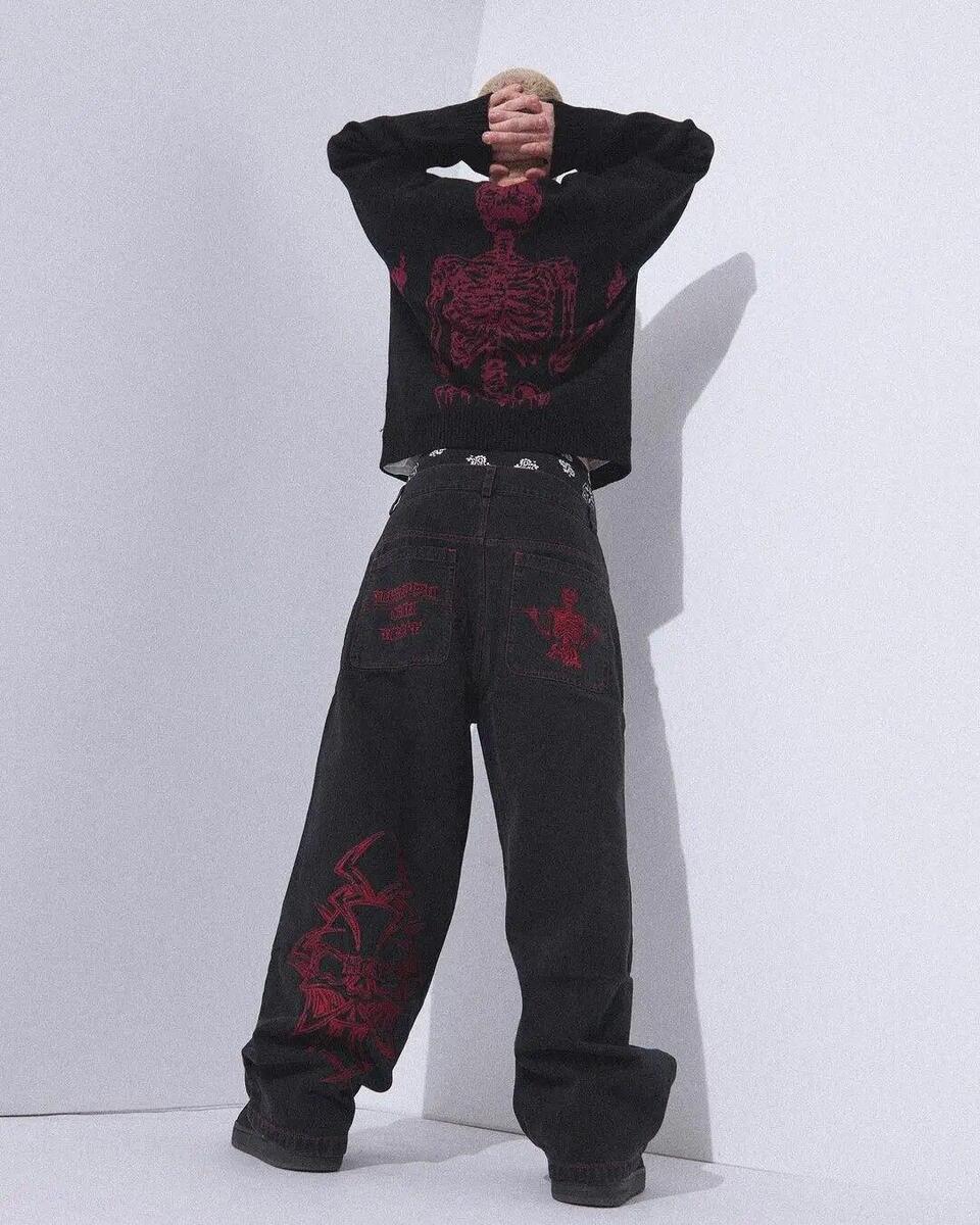 Y2k Jeans Mens Hip Hop Retro Skull Embroidery Washed Baggy Y2k Jeans Mens Hip Hop Retro Skull Embroidery Washed Baggy