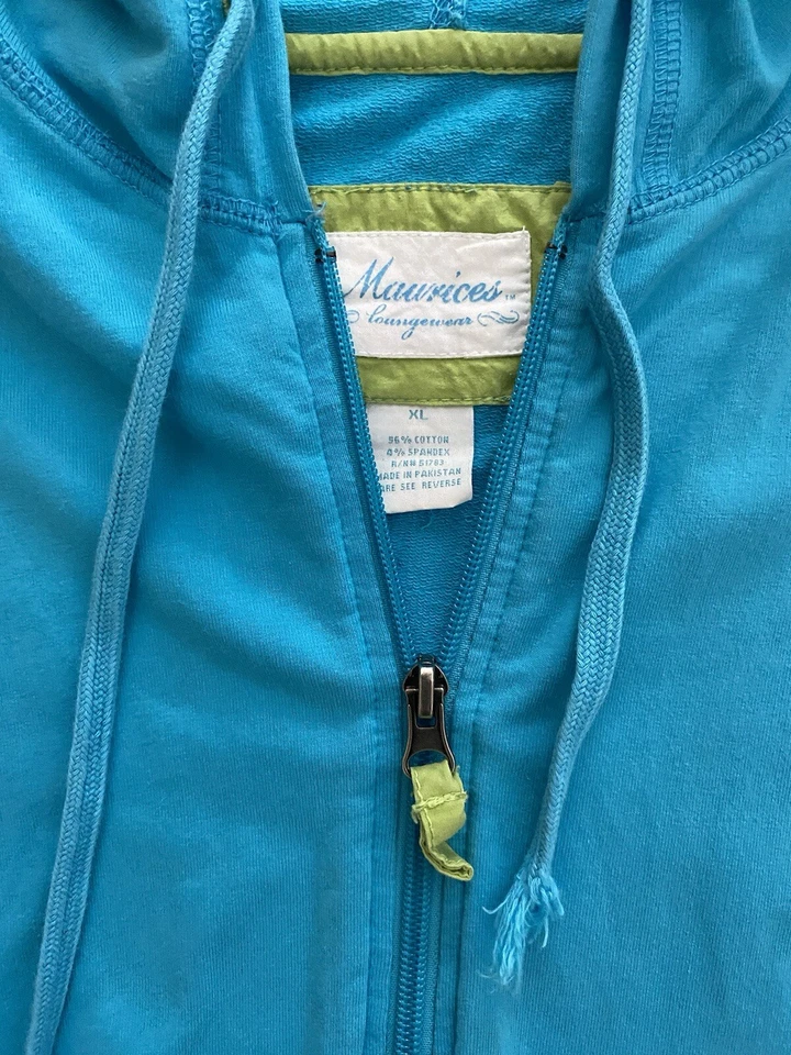Maurices 女式 XL 码拉链连帽休闲服夹克蓝色绿色棉质弹力 — 第 2/4 张图片