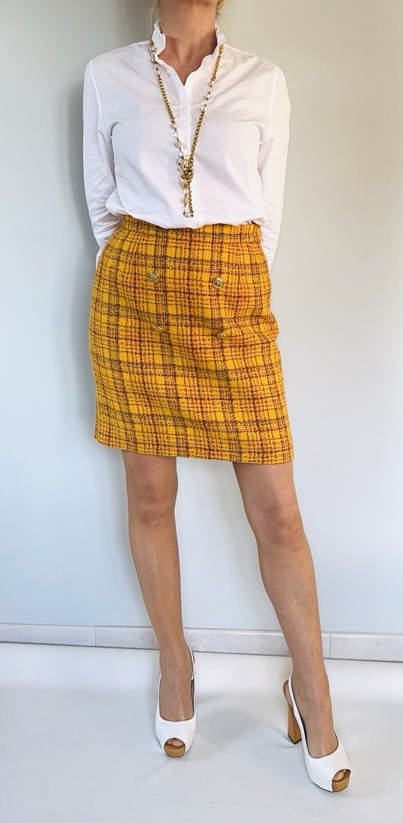 Jupe en tweed bouclette YVES SAINT LAURENT Variation Vintage 1980s Taille 40