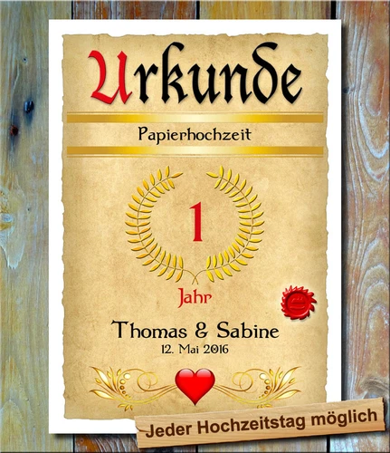 Papierhochzeit Urkunde 1. Hochzeitstag Geschenkidee Liebe Hochzeitsgeschenk