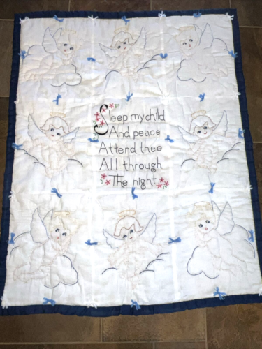 Beautiful Angel Hand Embroidered Handmade Baby Blanket comforter 40"Wx31"L Blue - Picture 1 of 7