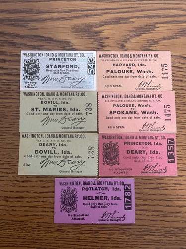 7 Vintage Washington Idaho & Montana RY. Co. Train Tickets Different Stations