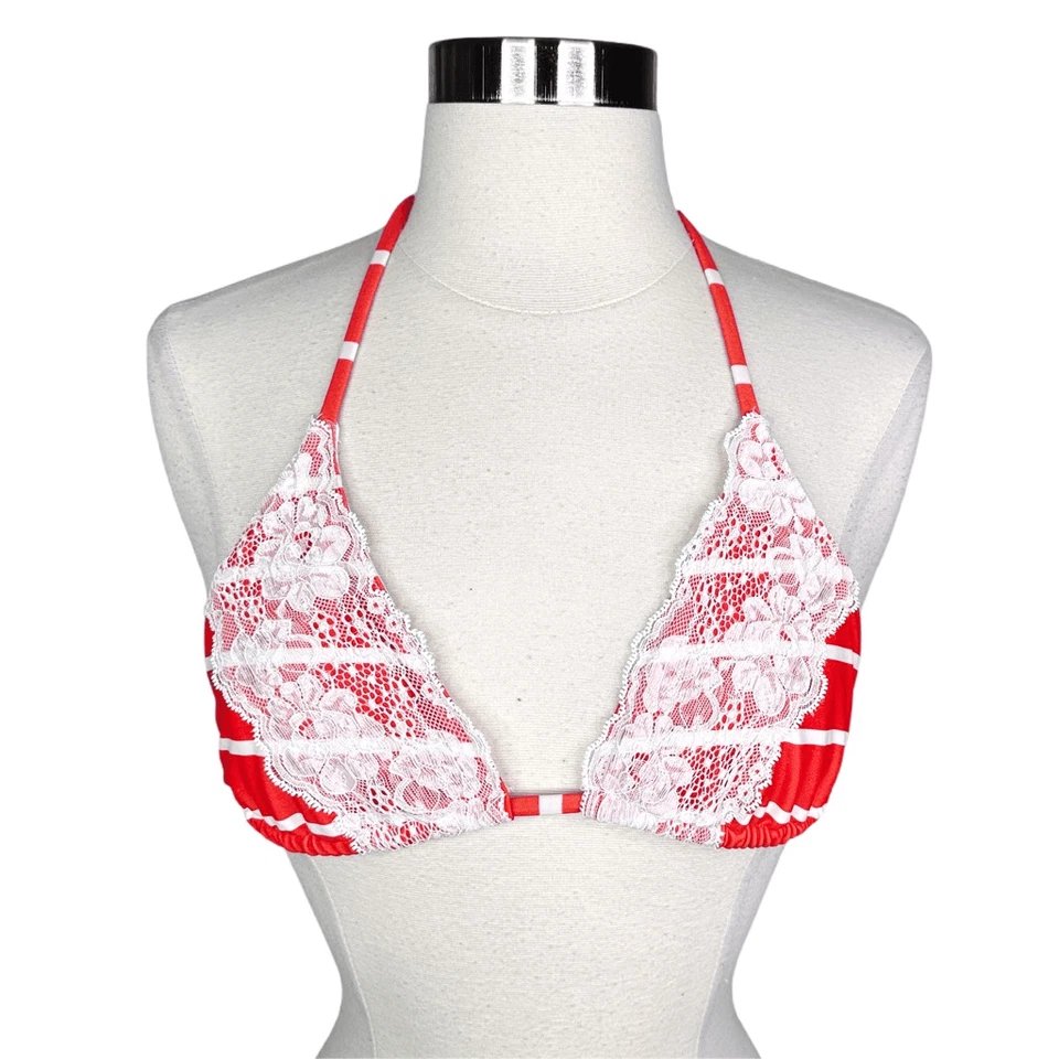 Beach Bunny Swimwear Lady Lace Triangle Bikini TOP ONLY Sz Medium Red Stripes - Image 3 of 4