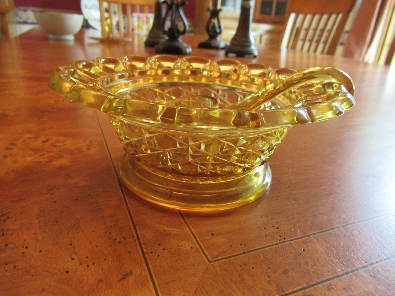 Vintage Beautiful Amber Depression Glass? A sauce/compote bowl with mini ladle