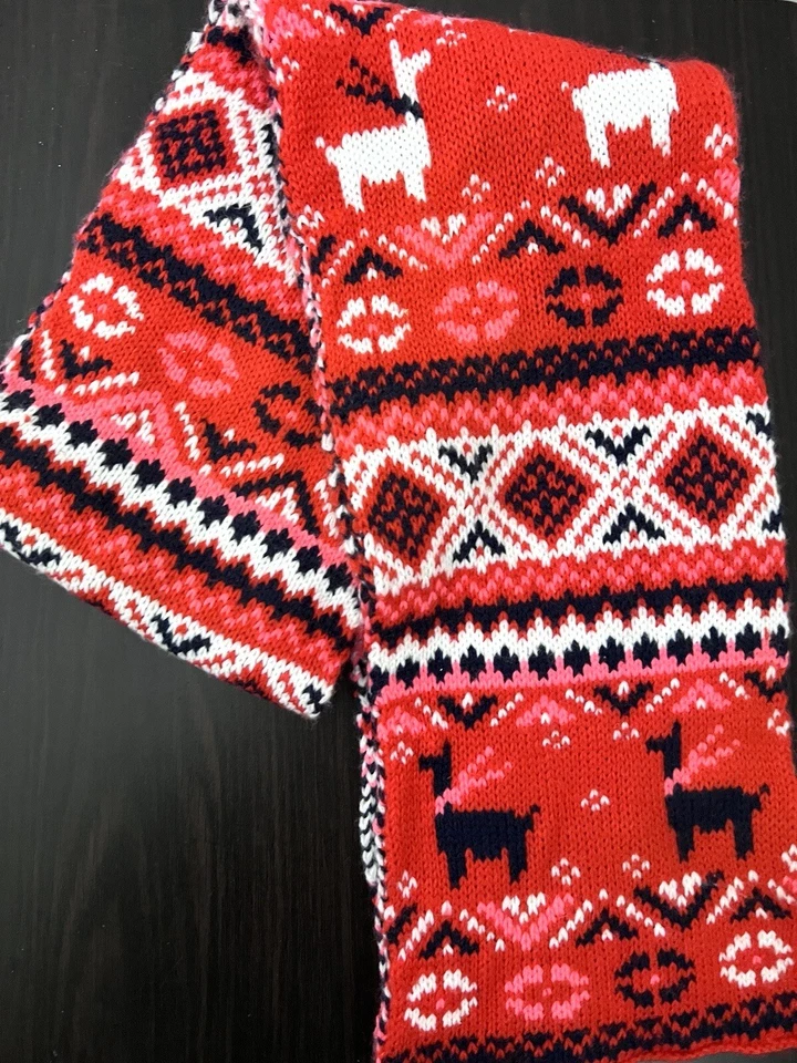 Antiguo conjunto de gorro y bufanda tejido Fair Isle azul marino niño pequeño mediano rojo lama Foto 3 de 4