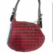 Fendi Monogram Red/Black Women's Shoulder Bag Zip Closure Silver Hardware