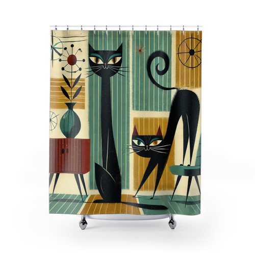Retro Mid-Century Modern Cat Shower Curtain – Vintage 1950s Atomic Style - Picture 3 of 6