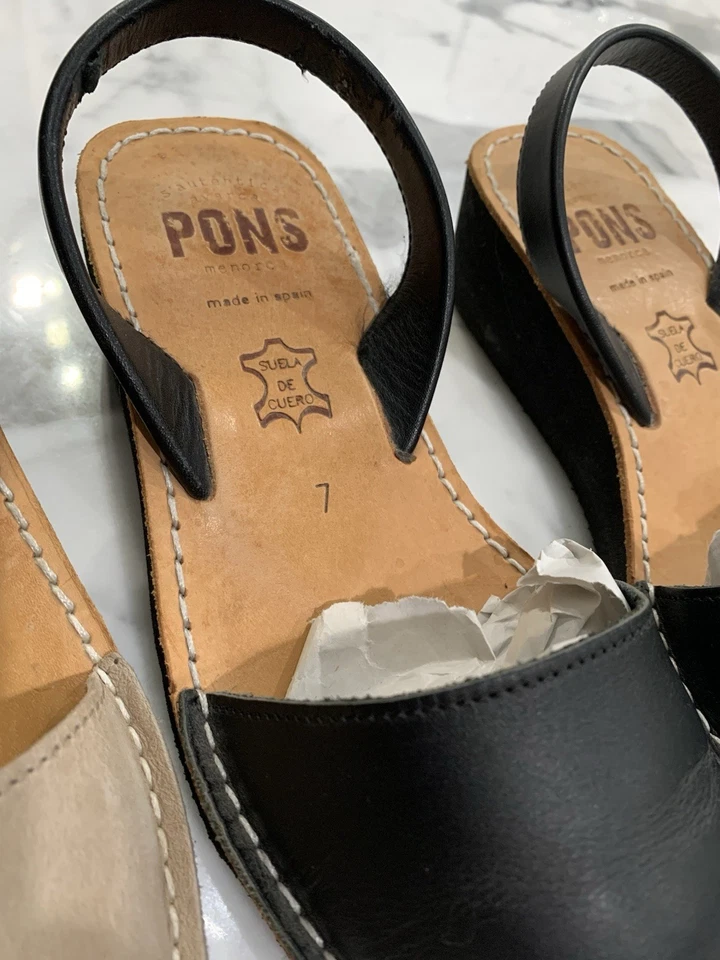 (2 Pair) Pons Classic Leather Avarcas Slingback Sandals Shoes Sz 7 Black / Tan - Image 4 of 4