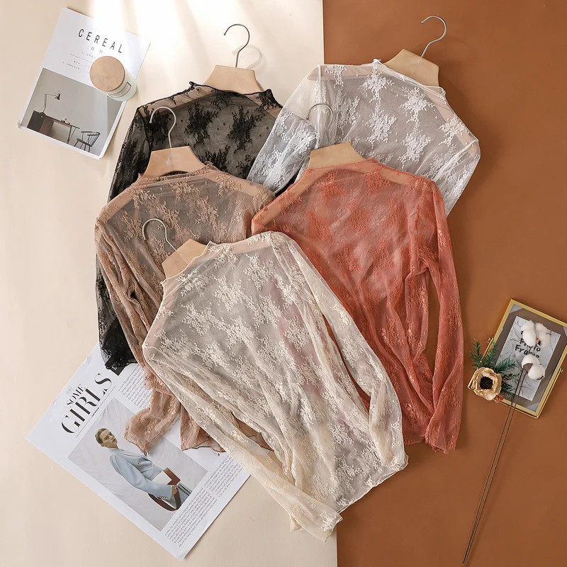 Sexy Thin Lace T-shirts Summer Lady O-Neck Long Sleeve Lace Patchwork image 9