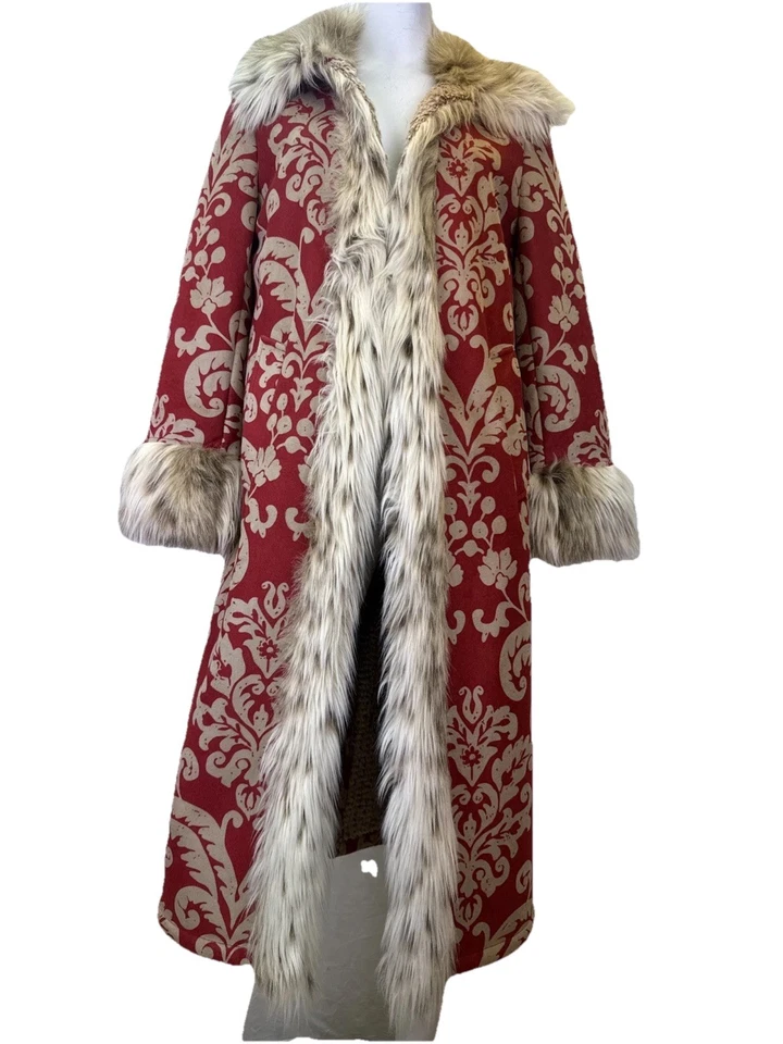 TASHA POLIZZI Maxi Coat Red Tan Fleece Faux Fur Trim Womens Size S