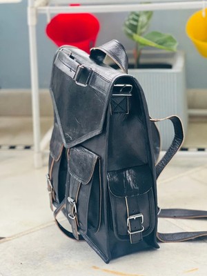 15'' Black Leather Goat Genuine Vintage Messenger Updated Bag Backpack Rucksack