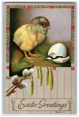 1911 Easter Greetings Hatched Egg Chicks Flowers Embossed Antique Postcard