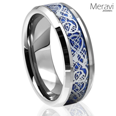 Silver Celtic Dragon Tungsten Mens Ring Blue Carbon Fiber 6mm or 8mm Band [NEW]