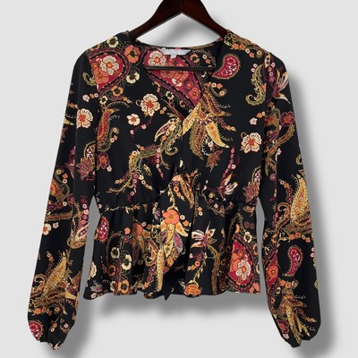 Red Herring Damenbluse schwarz Langarm Paisley Blumenmuster Größe UK-12