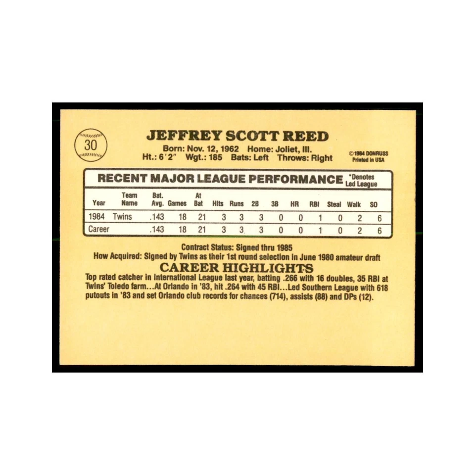 1985 Donruss Jeff Reed Baseball Cards #30 - Image 2 of 3