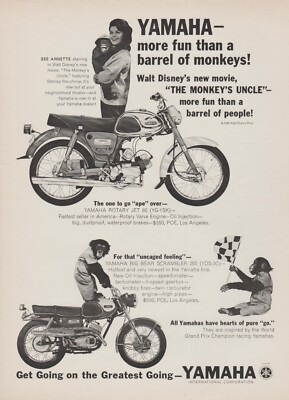 1965 Yamaha Motorcycles - Actress Annette Funicello Monkey Chimp -Print Ad Photo