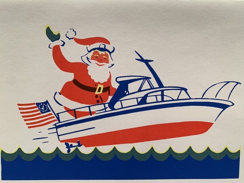 Christmas Greeting Card ART vintage Nautical Santa Speed Boat Patriotic NEW MCM - Picture 4 of 9