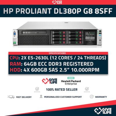 Servidor Rack HP DL380P G8 8SFF 2xE5-2630L +64GB RAM +P420 +2PSU HSTNS-5163