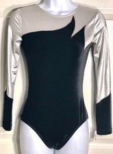 GK LgSLV LADIES SMALL SILVER METAL BLACK VELVET GYMNASTIC DANCE LEOTARD AS NWT