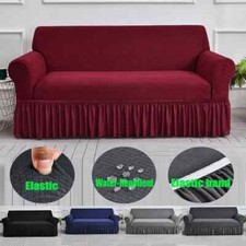 Elastic Solid Color Sofa Cover With Skirt Jacquard Sofa Protector 1/2/3/4 seater
