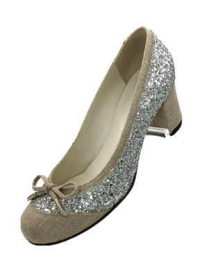 Stuart Weitzman Blockabsatz Schuhe Glitzer & Leinen über Leder Damen UK5,5 RAR