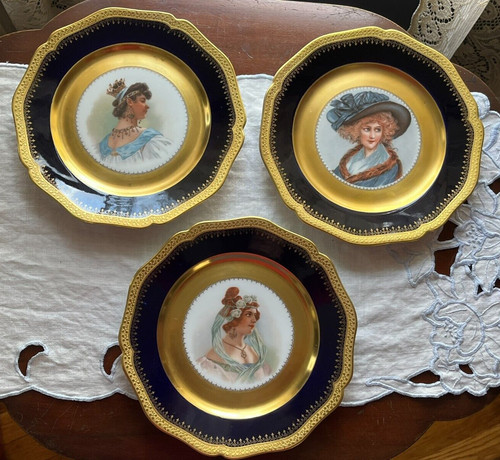 SET OF 3 ANTIQUE WILLIAM GUERIN GOLD ENCRUSTED LIMOGES WOMEN PORTRAIT PLATES